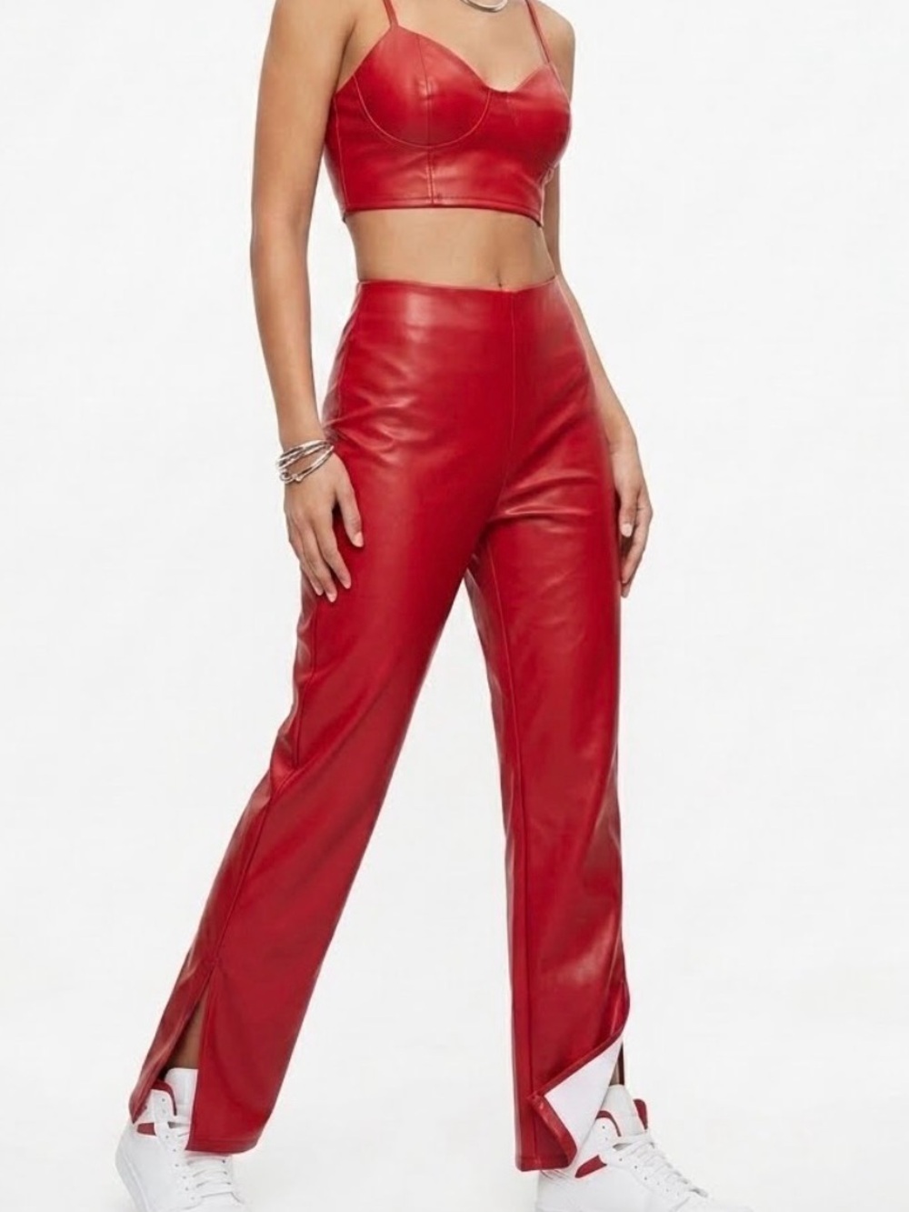 Forever 21 Red Faux Leather Boot Cut Pants and Corset/Bustier Top 2 Piece set